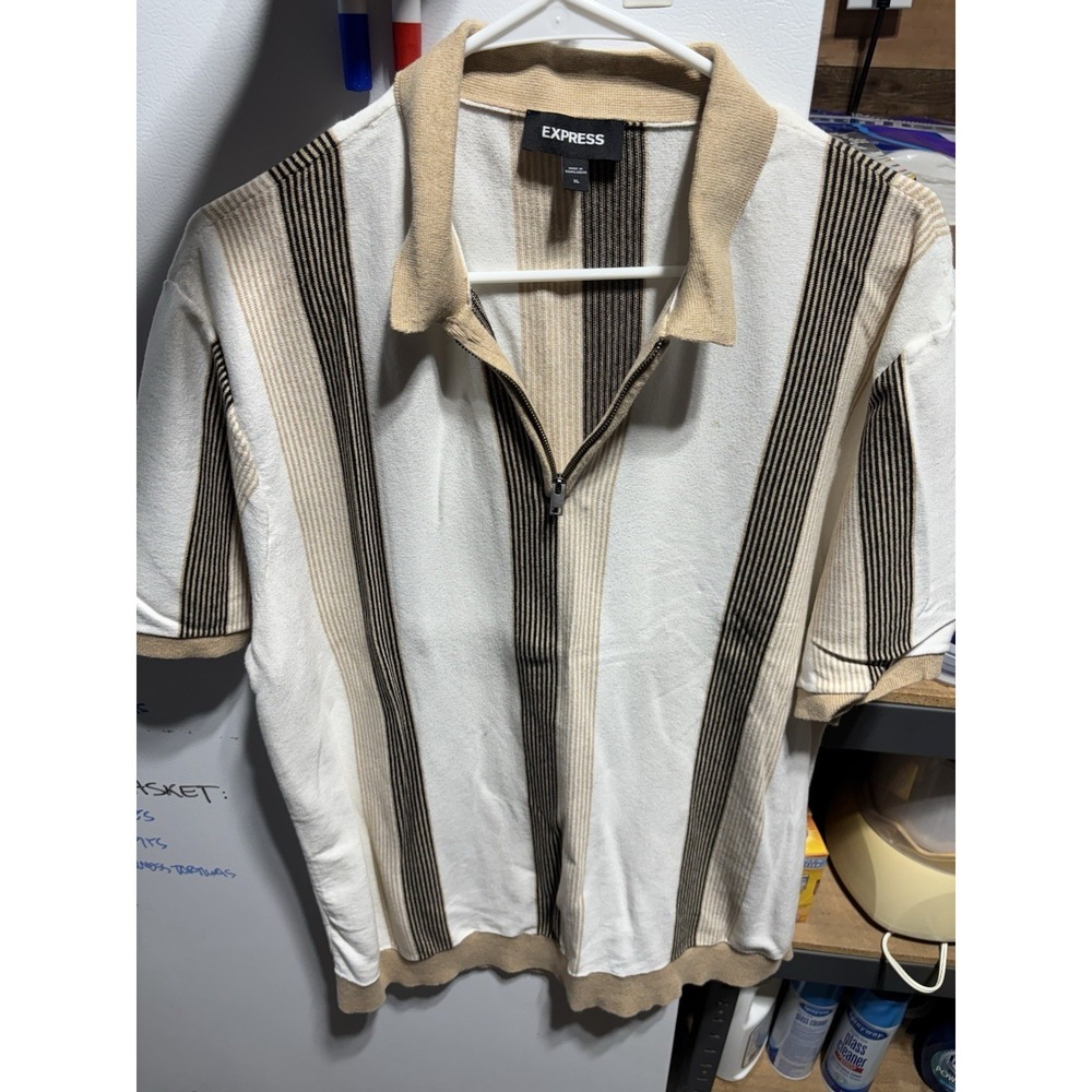 EXPRESS- MENS WHITE/BEIGE/BROWN SHORT SLEEVE Zip Up Polo XL